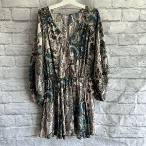 PREOWNED FREE PEOPLE PUFF SLEEVE DRESS BROWN BLUE XS